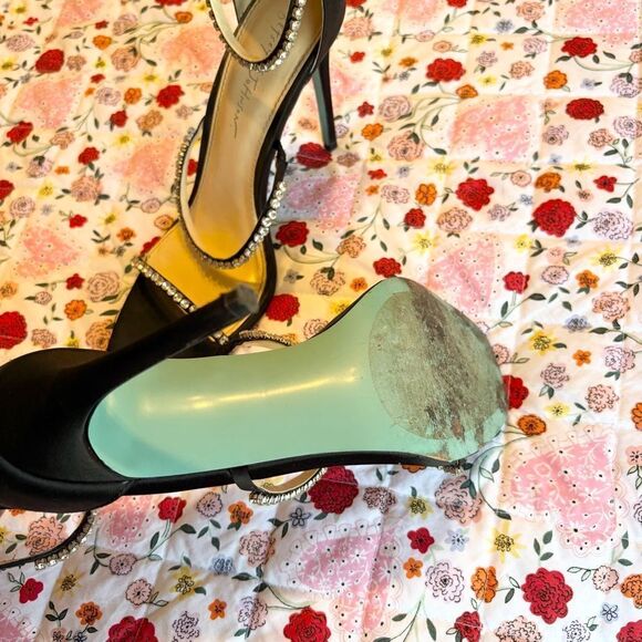 Elisa Black Satin Rhinestone Ankle Strap Heels - Picture 8 of 8